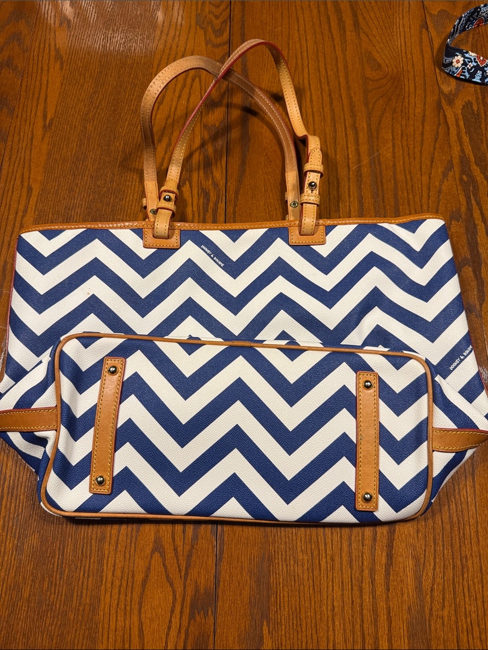 Dooney & Bourke Navy and Cream Chevron Tote with Leather Trim - Picture 3 of 8
